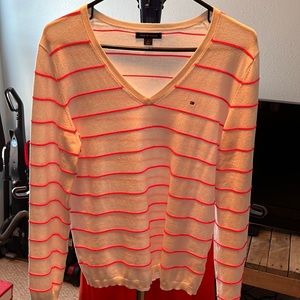 White Tommy Hilfiger Sweater with neon pinkish/orange stripes